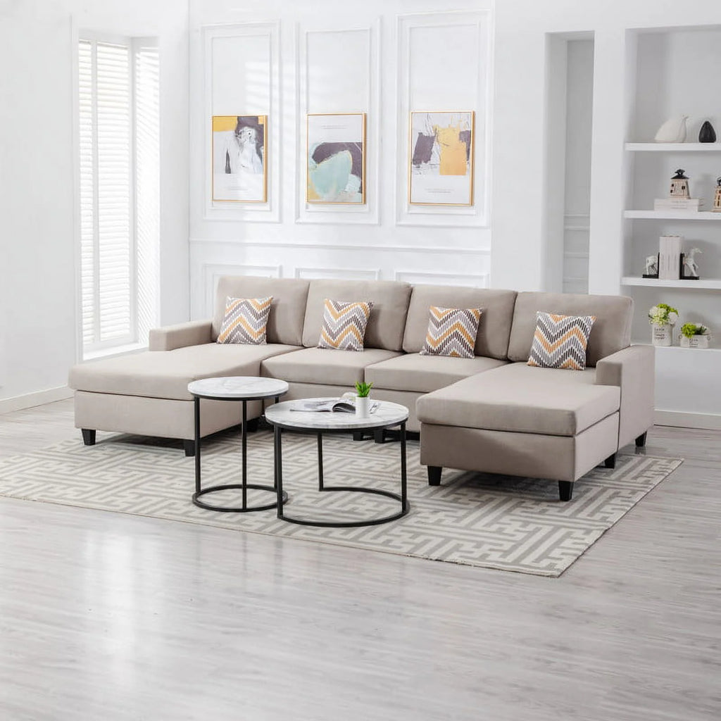 Beige Linen Fabric 4Pc Double Chaise Sectional Sofa Y351268