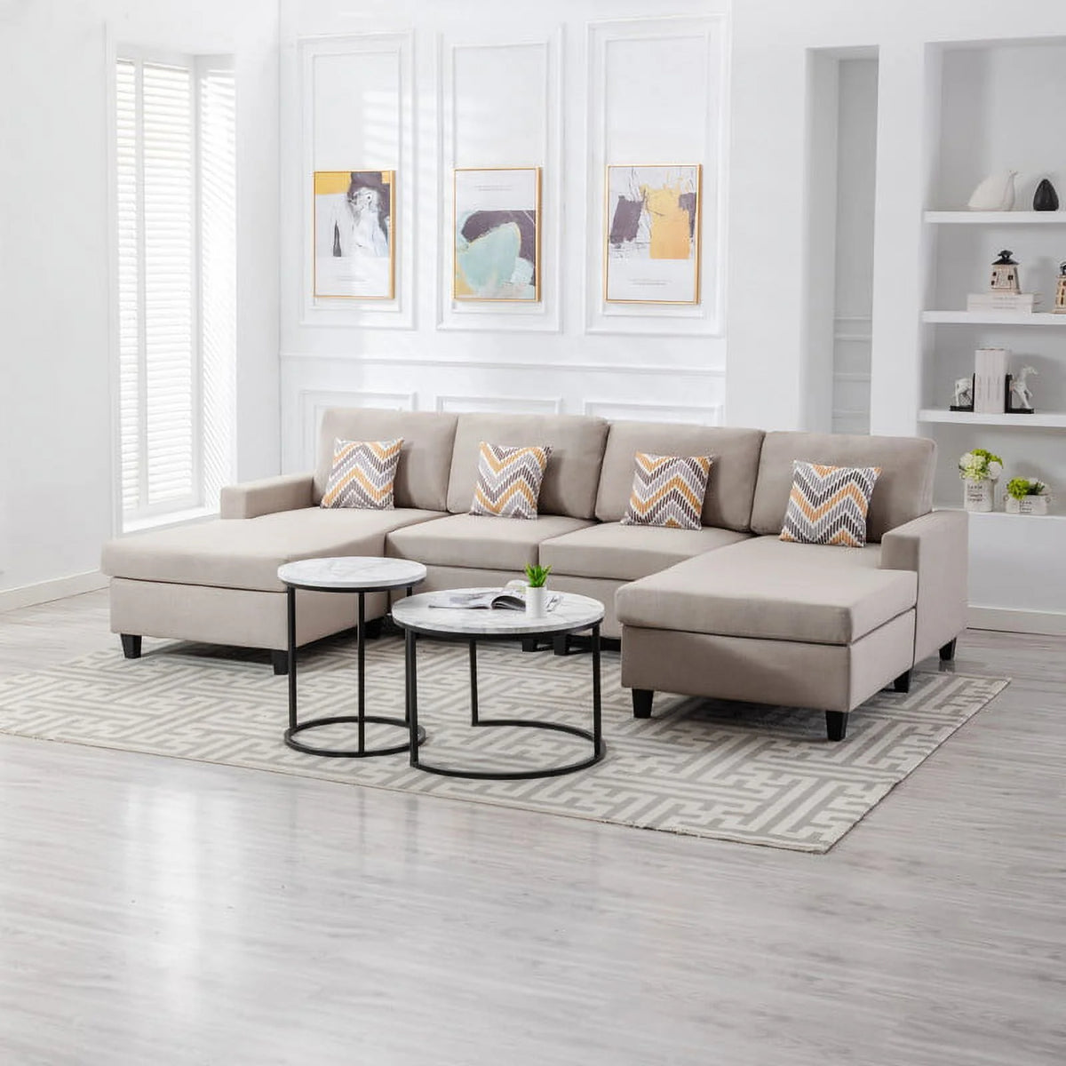 Beige Linen Fabric 4Pc Double Chaise Sectional Sofa Y351268