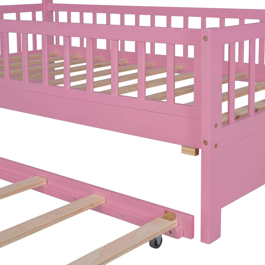Twin Size Wooden House Bed with Trundle and Storage Shelves Z43439