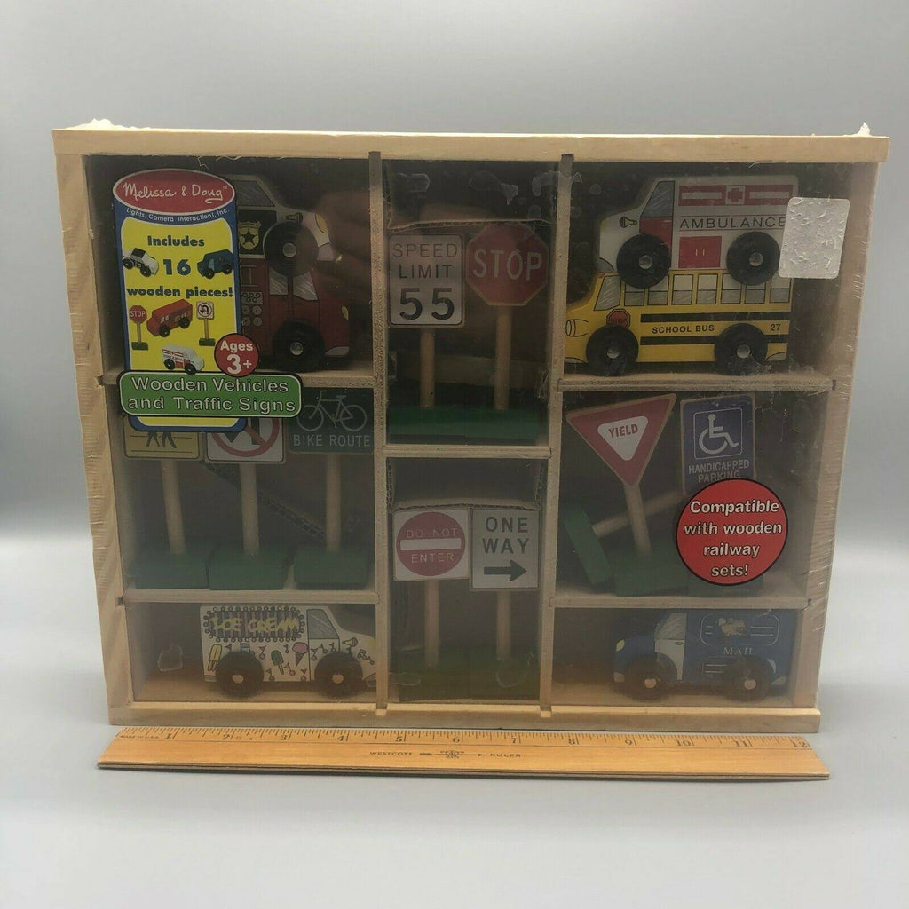 16 Pc Wooden Vehicles and Traffic Signs W404