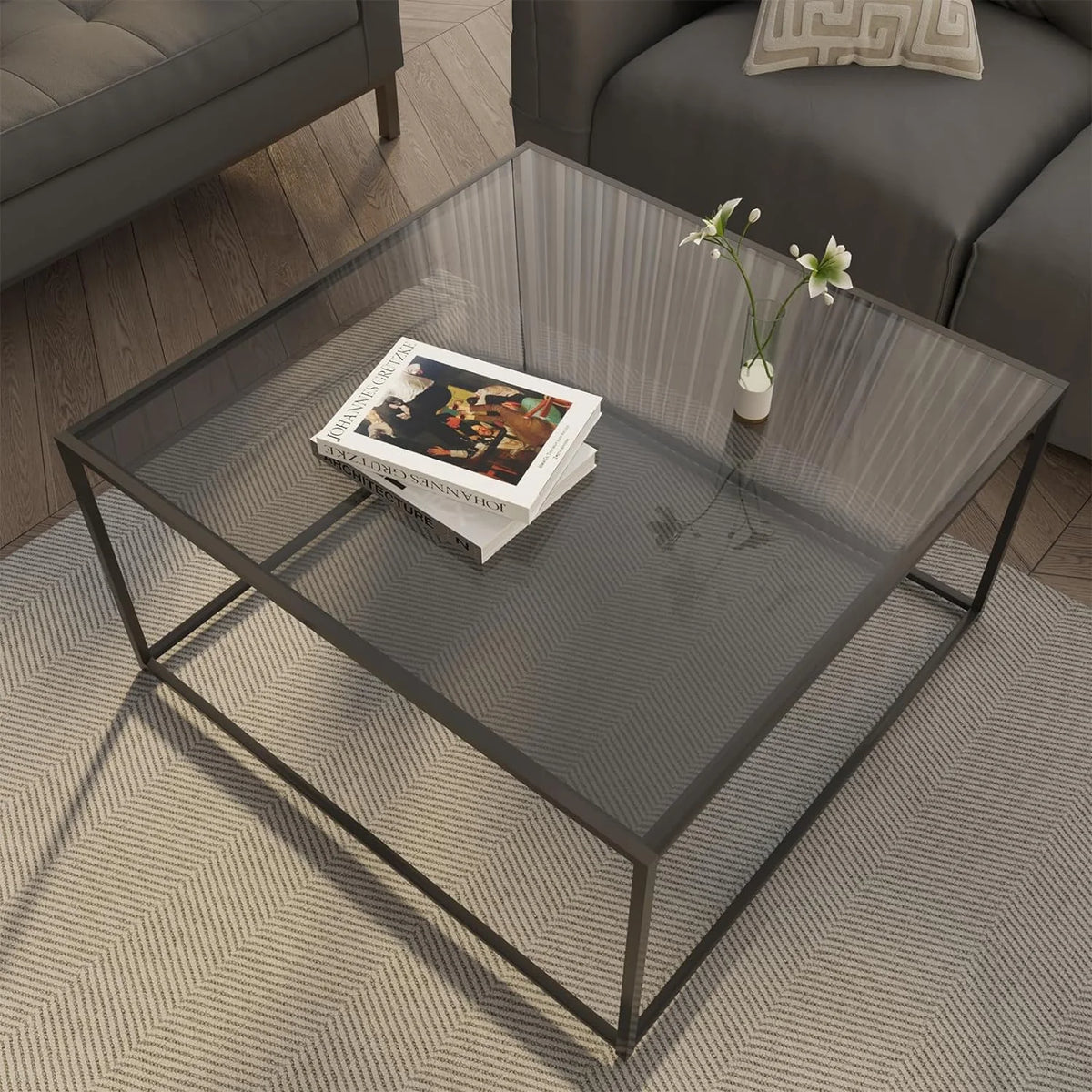 Square Glass Coffee Tables 26.7 x 26.7 x 15.7 Inches Gray Black M45878