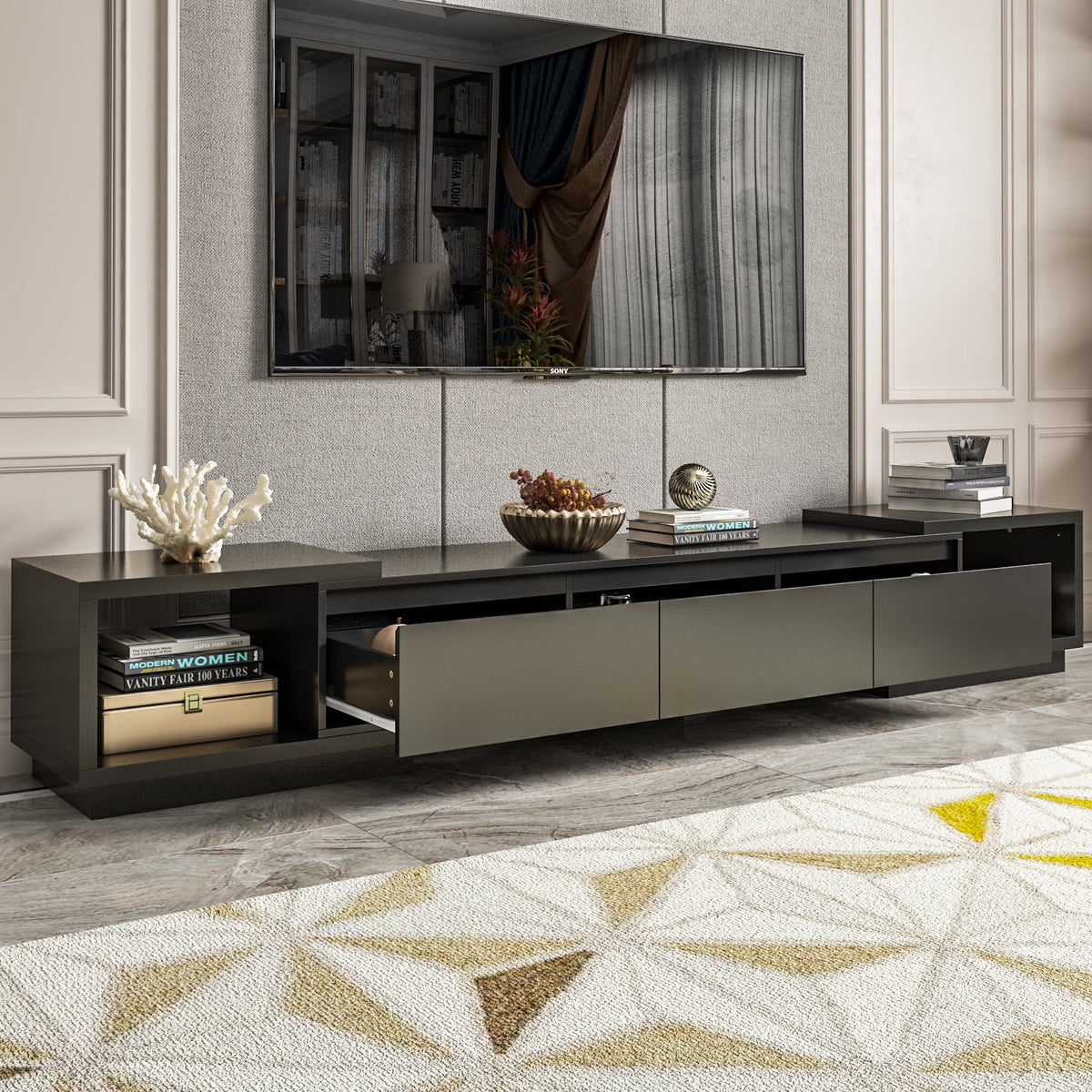 White Extendable TV Stand with Drawers I8087