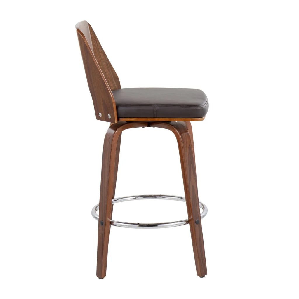 Mid-Century Modern Counter Stool In Walnut And Brown Faux Leather - Set Of 2 Y312962