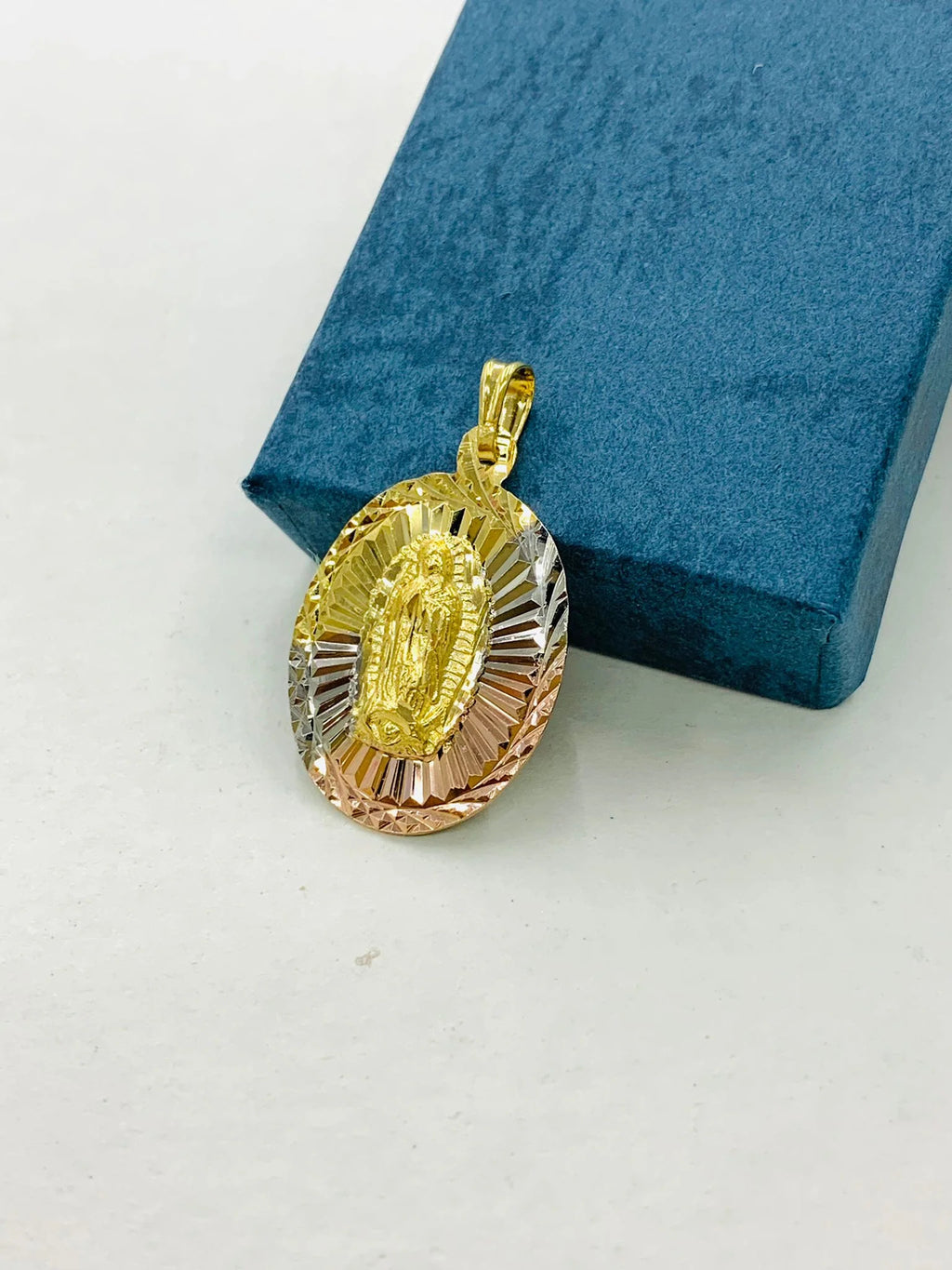 Tri Color Diamond Cut Virgen de Guadalupe Pendant Necklace Figaro Chain 20" Gold Filled Y8332