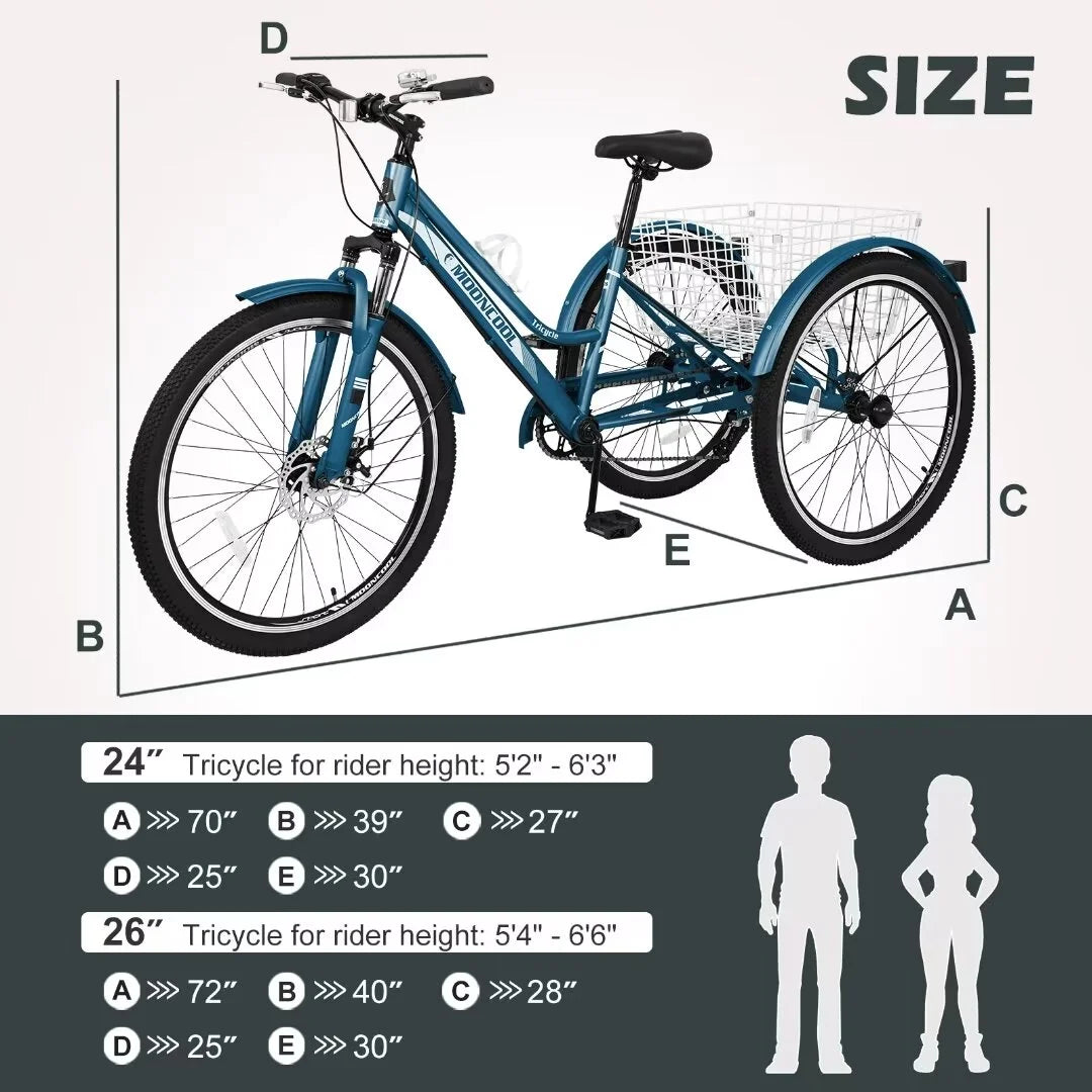 Adult Tricycle 7 Speed 26 Inch Three Wheel Bike with Shopping Basket R47168