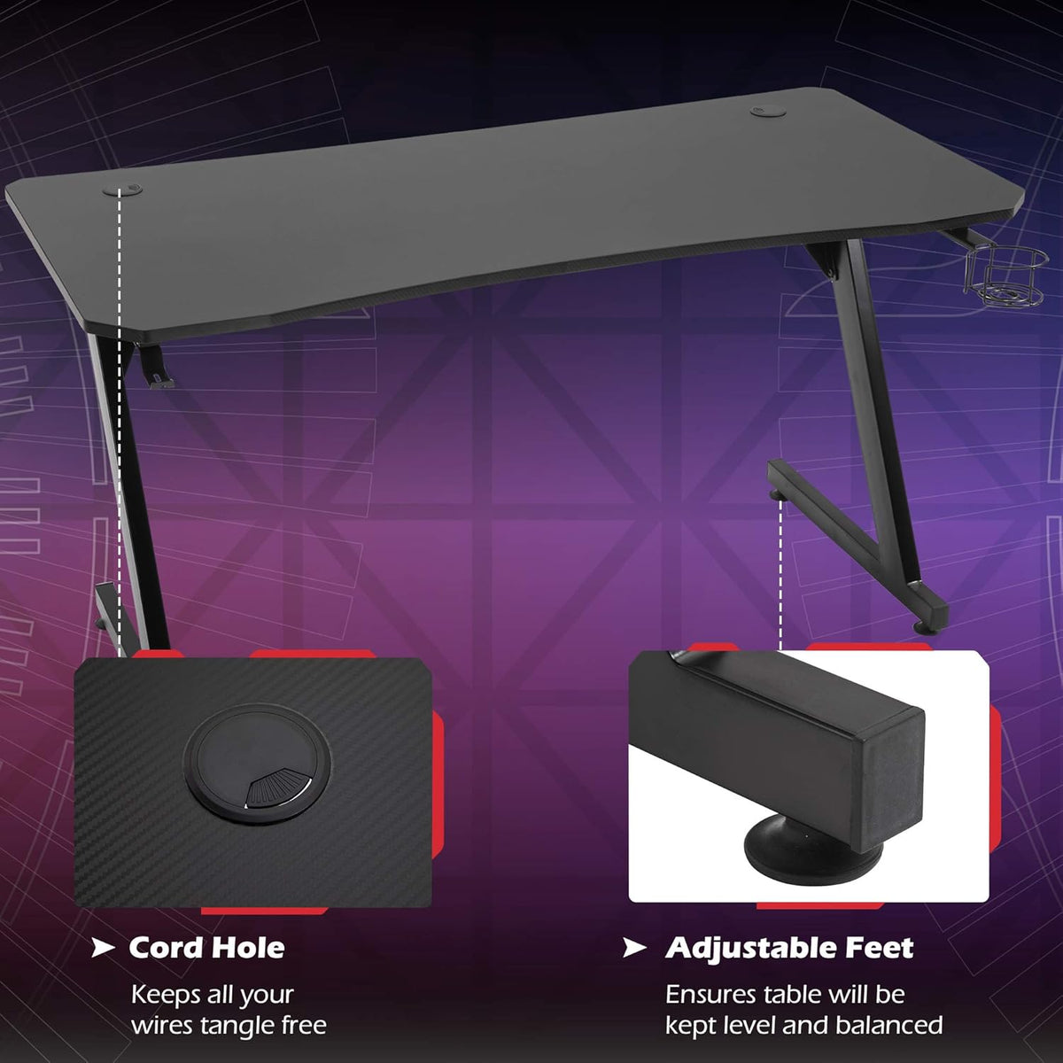 Black Gaming Desk with Cup Holder, Headphone Hook, Cable Management A610332
