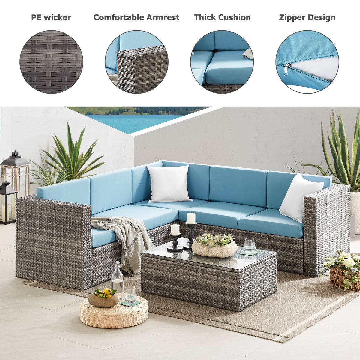 5 Pieces Rattan Wicker Outdoor Sectional Set with Glass Table W214334