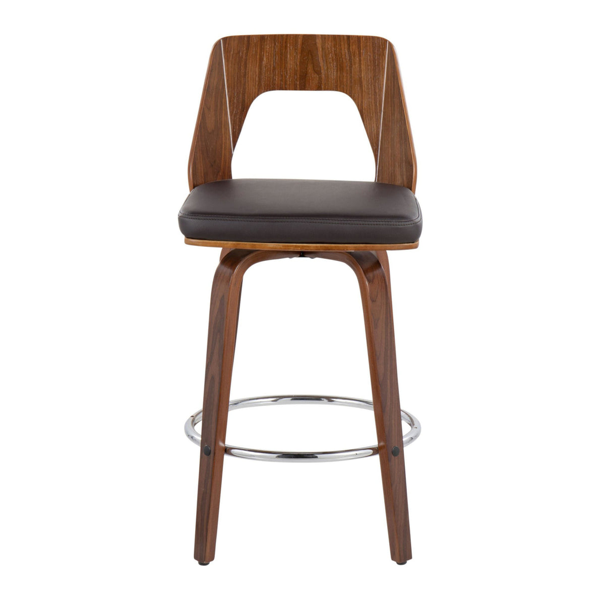 Mid-Century Modern Counter Stool In Walnut And Brown Faux Leather - Set Of 2 Y312962
