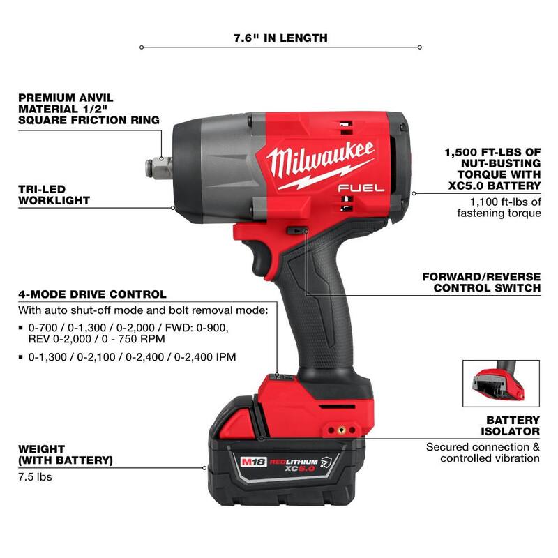 18V Lithium-Ion Brushless Cordless 1/2 in. Impact Wrench Kit with 5.0 Ah Battery and Bag W163842