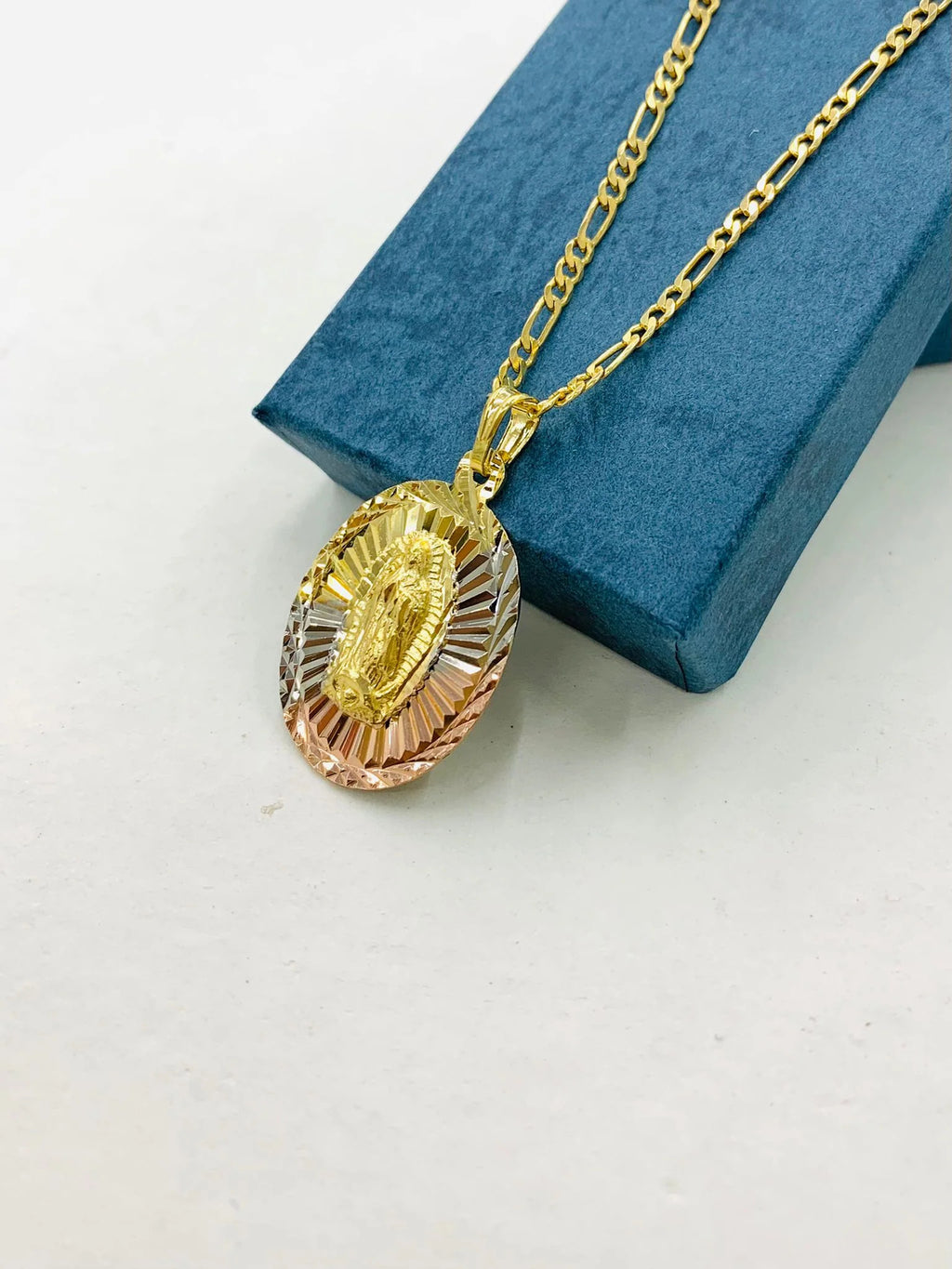 Tri Color Diamond Cut Virgen de Guadalupe Pendant Necklace Figaro Chain 20" Gold Filled Y8332