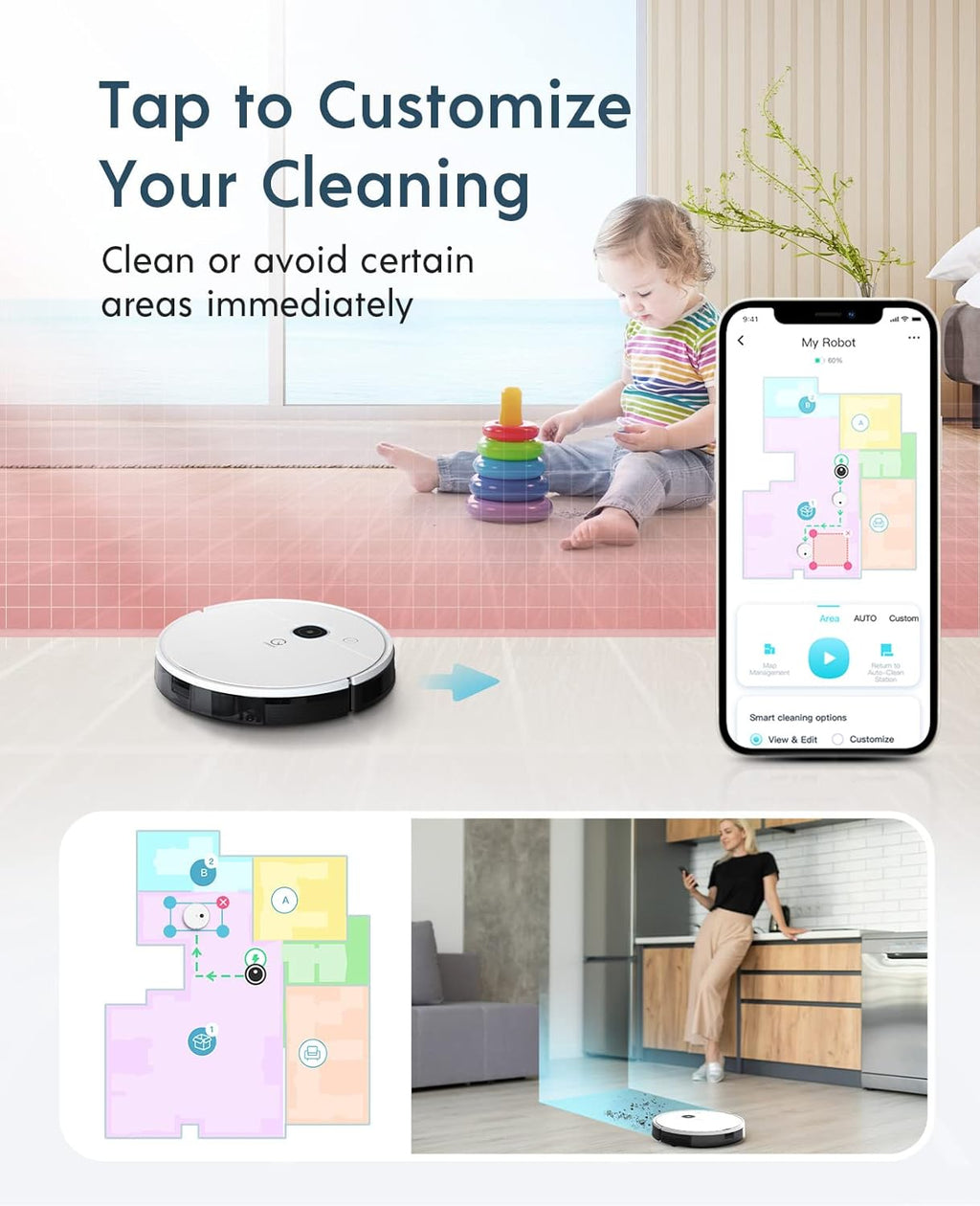 Robot Vacuum, 3000Pa Suction, Carpet Detection, Smart Visual Mapping, 110mins Runtime G65374