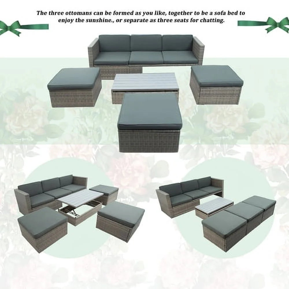 5-Piece Patio Wicker Sofa with Ottomans and Lift Top Coffee Table, Gray Z8739