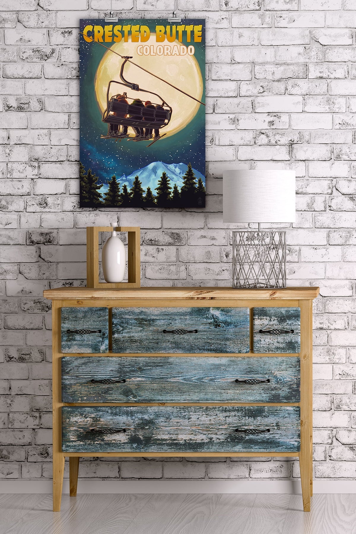 Ski Lift and Full Moon Giclee Gallery Print S40013