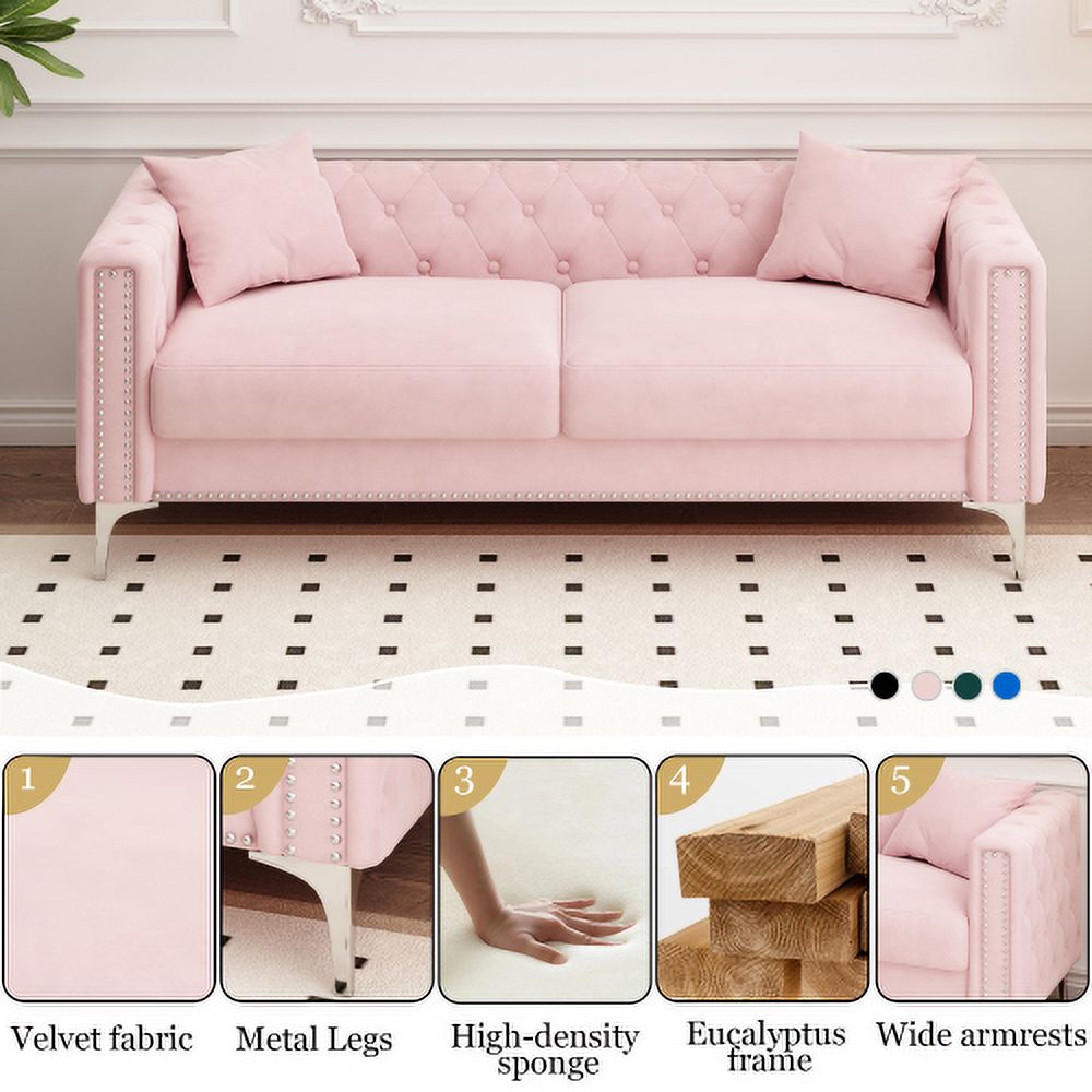 Pink Velvet Triple Sofa with 2 Pillows P469487