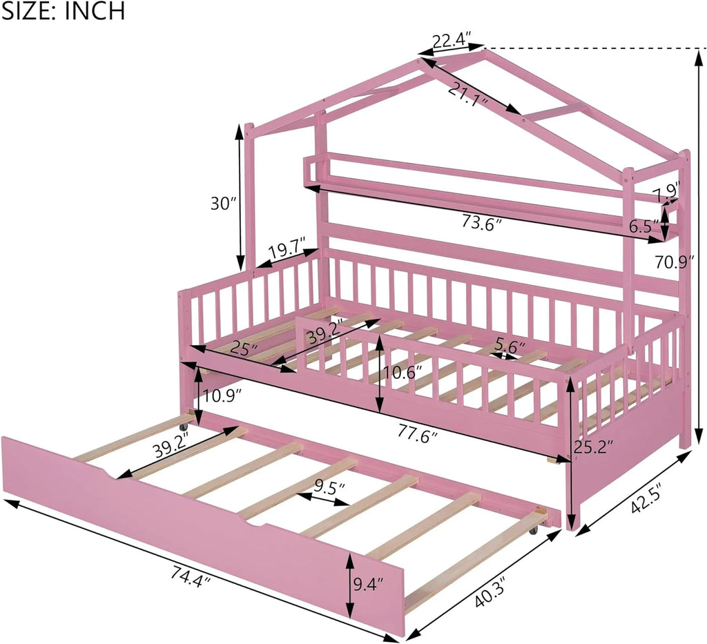 Twin Size Wooden House Bed with Trundle and Storage Shelves Z43439