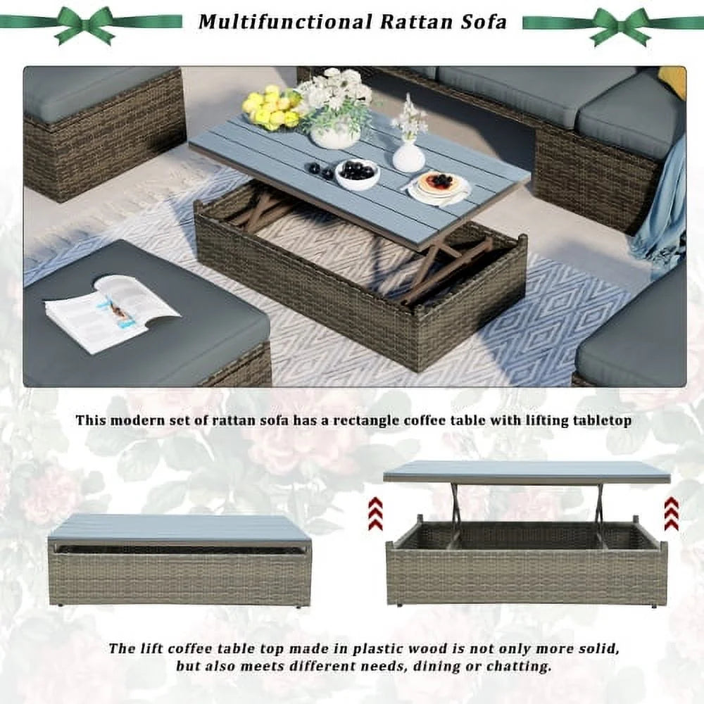 5-Piece Patio Wicker Sofa with Ottomans and Lift Top Coffee Table, Gray Z8739
