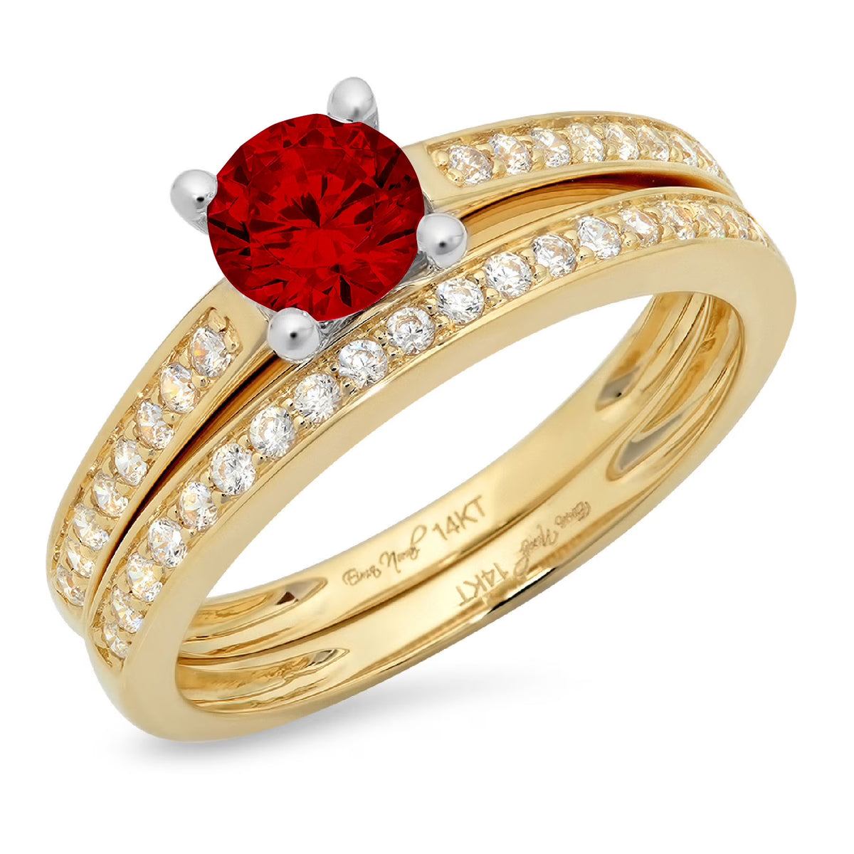 0.85 ct Round Cut Red Natural Garnet 18k Yellow White Gold Ring Band Set Size 3.5 A33691