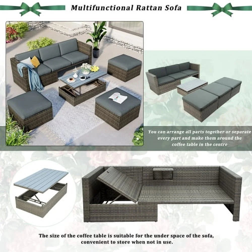 5-Piece Patio Wicker Sofa with Ottomans and Lift Top Coffee Table, Gray Z8739